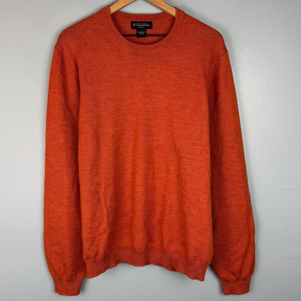 Brooks Brothers Mens Large Orange Merino Wool Blend Stretch Crewneck Sweater - Picture 2 of 6